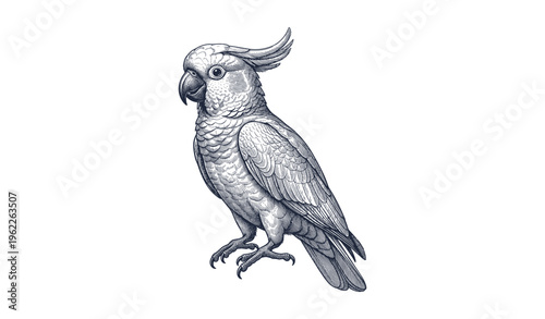 Detailed monochrome drawing of an elegant cockatoo perching