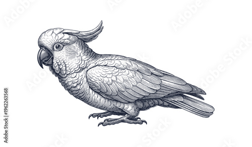 Detailed vintage illustration of cockatoo in profile view