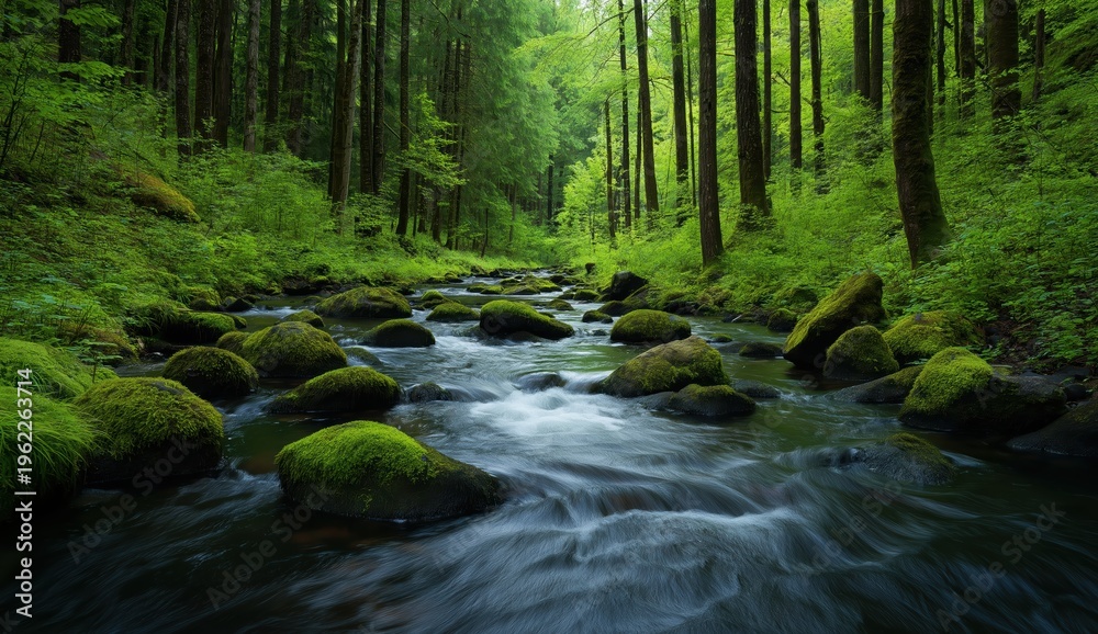 Fototapeta premium Forest river stream flowing water through moss covered rocks and lush green trees creating a fresh natural landscape scene
