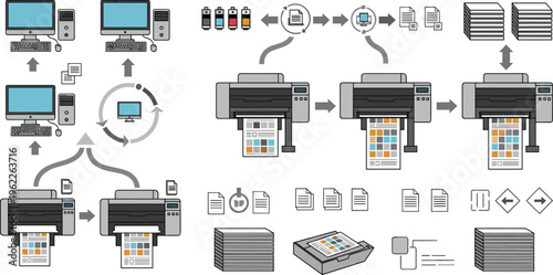 Printer workflow and document processing set with computers printing scanning copying steps office equipment vector illustration diagram