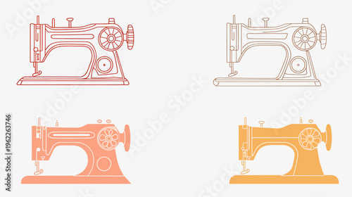 Four sewing machine illustrations in different colors and styles, set against a white background