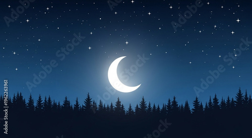 Crescent moon shines brightly in a starry night sky with a silhouette of trees
