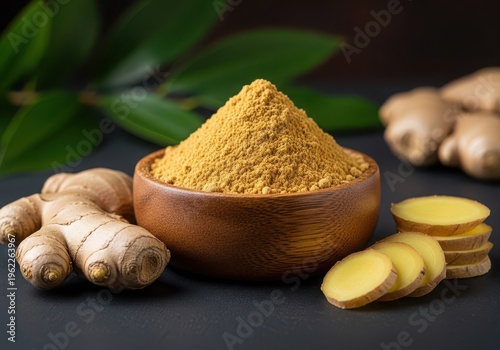 Ginger powder in a wooden bowl with fresh ginger roots and slices around