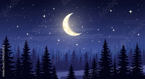 Crescent moon shines bright in a starry night sky over a silhouette of pine trees