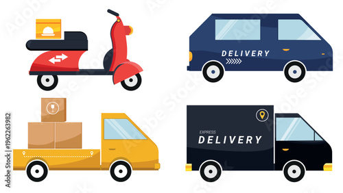 Delivery Service Vehicles Set Scooter, Van and Truck Flat Vector Illustration. Isolated elements with bright colors, perfect for web, apps, and marketing materials.