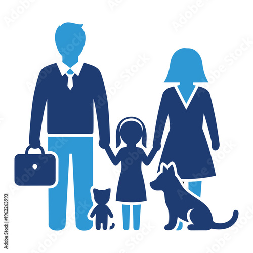 A stylized family unit icon includes a working father, mother, daughter, cat, and dog representing comprehensive coverage.
