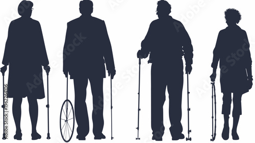 Silhouettes of four elderly individuals with walking aids, depicting support and aging