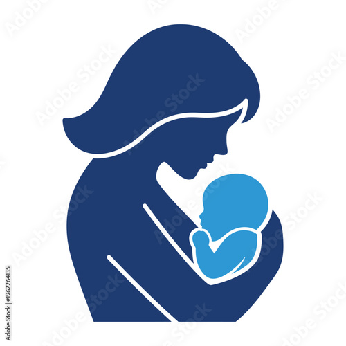Silhouette icon depicts a mother tenderly holding a newborn baby close to her chest in a protective embrace.
