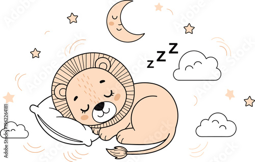 Cute sleeping lion cartoon with pillow moon stars and clouds bedtime nursery illustration baby animal vector design