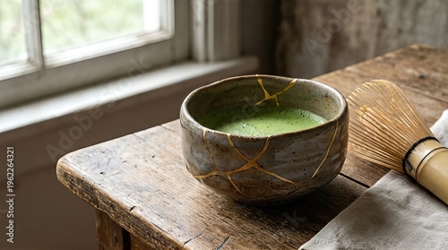 Matcha tea in chawan bowl repaired with gold kintsugi technique on rustic wooden table. Ceramic cup with golden crack decoration