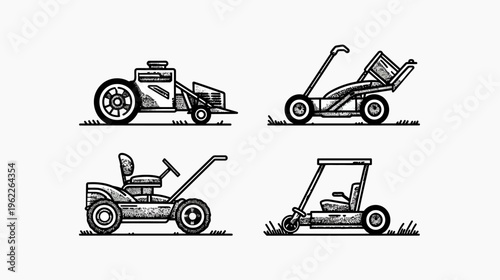 Four different illustrations of lawn mowers depicted in a black and white, line art style with grass
