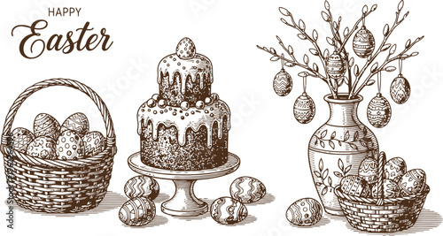 Easter Celebration Still Life: Decorated Eggs Cake and Pussy Willows in Vintage Sketch Style