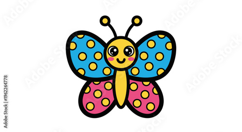 Colorful Cartoon Butterfly Smiling Face.