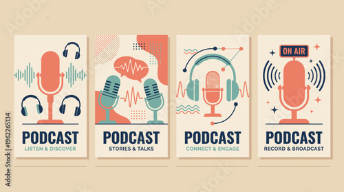 Minimalist Podcast Vector Set with Retro Microphones and Headphones Design
