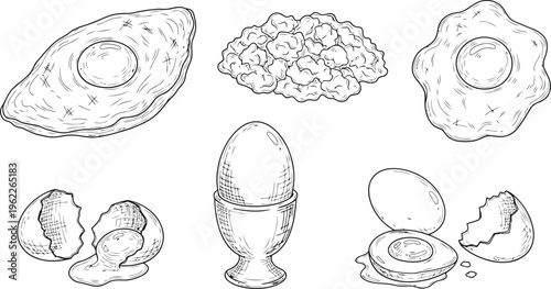 Egg Breakfast Variety Sketch: Fried Scrambled Boiled Cracked with Yolk Detail | Line Art Illustration
