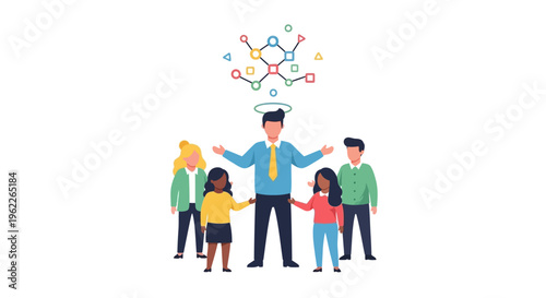 Strategic Business Leader Guiding Diverse Team with Data Network and Collaborative Innovation Illustration