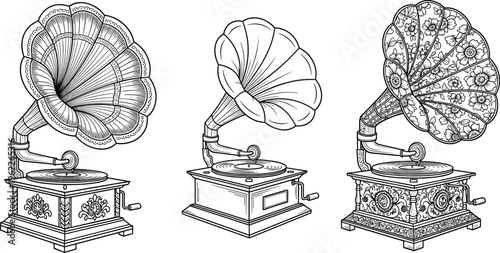 Set of Vintage Hand-Drawn Gramophones with Ornate Horns and Wooden Bases for Retro, Music, and Antique Design