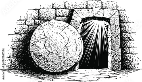 Empty Tomb With Rolled Stone and Light Rays Emanating From Entrance Religious Easter Scene Black and White Line Art