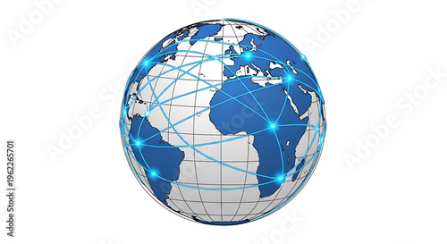 A vector graphic illustration of a globe with blue lines and dots representing global connections and networks.