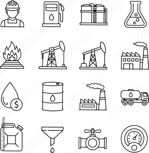 Oil, gas, petroleum, energy, drilling line icons