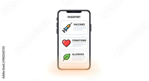A smartphone displaying a digital health passport with icons for vaccines, conditions, and allergies on a white background.