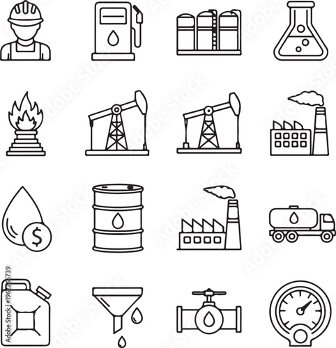 Oil, gas, petroleum, energy, drilling line icons