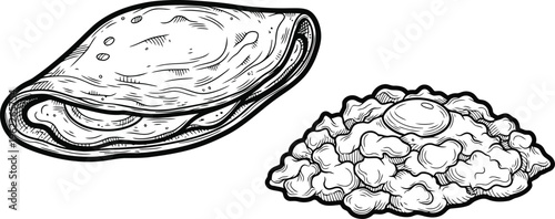 Flatbread Folded and Scrambled Eggs Pile Isolated Sketch Style Food Illustration