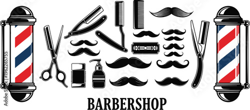 barbershop, icons, set, barber, tools, scissors, razor, comb, mustache, pole, haircut, grooming, vintage, vector, illustration, isolated, salon, style, design, collection