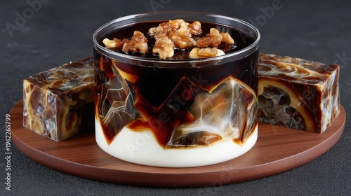 Caramel frappuccino in clear glass features cream and caramel drizzle on top against black background with space for text