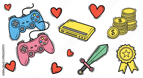 Video Game Elements Collection with Controllers Console Sword and Coins.