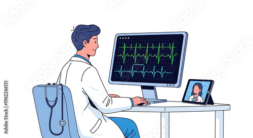 A doctor sitting at a desk with a computer and tablet, monitoring a patient's vital signs remotely.