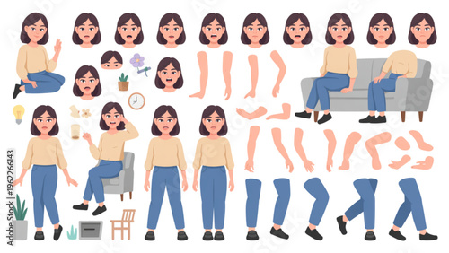 A collection of animated female characters showing various facial expressions and body parts in casual settings