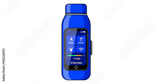 A blue smart water bottle with a digital screen displaying hydration tracking information on a white background