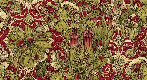 Art Nouveau seamless pattern with carnivorous plants and vintage red background