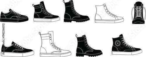 shoes, footwear, sneakers, boots, collection, fashion, style, casual, leather, trendy, design, illustration, outline, set, apparel, modern, comfort, streetwear, sport, lifestyle