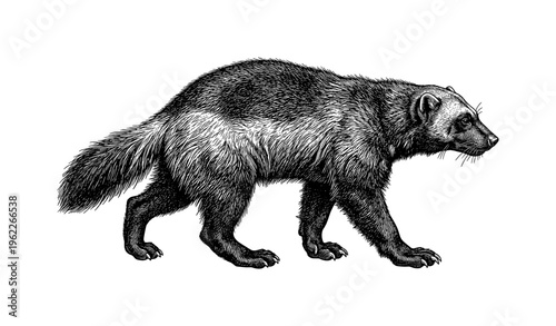 Detailed black and white illustration of a wolverine in profile view