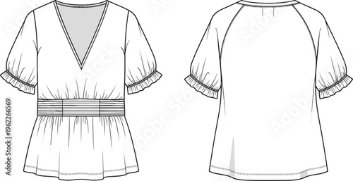 Technical CAD drawing fashion flat of a women's halter neck mini dress with gathered bodice, asymmetrical wrap front, and layered skirt