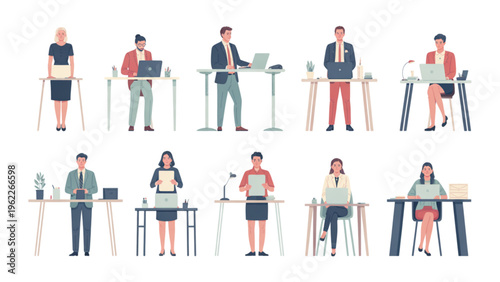Diverse professionals engaged in various work activities at standing desks in an office setting
