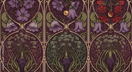 Art Nouveau triptych botanical pattern with purple bellflowers and moons