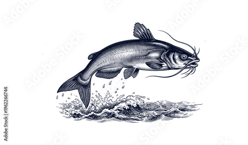 Detailed black and white drawing of a catfish leaping above water