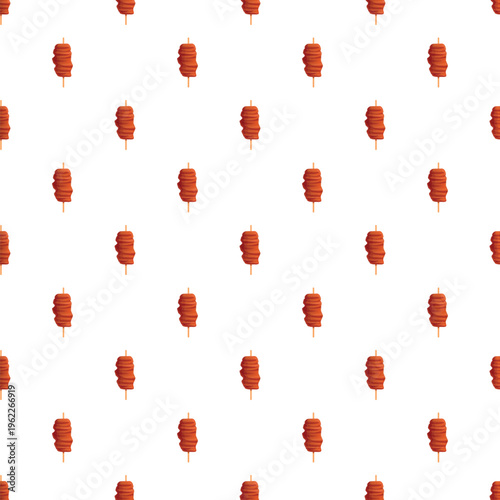 Skewered meat grilling cartoon pattern repeating over a white background