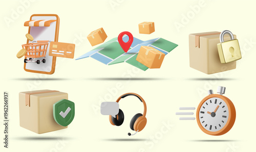 3D vector set of online shopping icons including mobile store with cart, delivery map tracking, secure package with lock and shield, customer service support headset and fast shipping stopwatch.