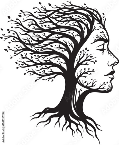 Optical illusion bare tree face woman silhouette concept