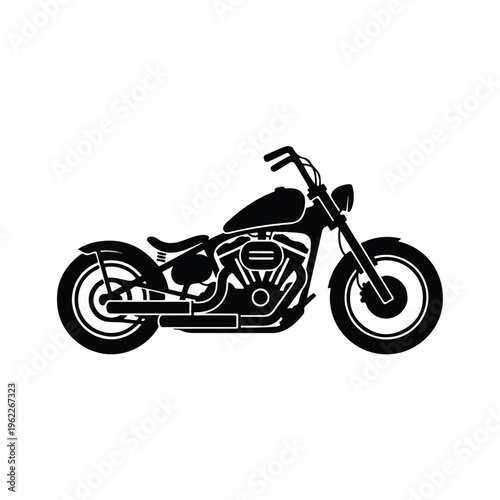 A minimalist black silhouette of a moto bobber motorcycle with a sleek design, set against a clean white background