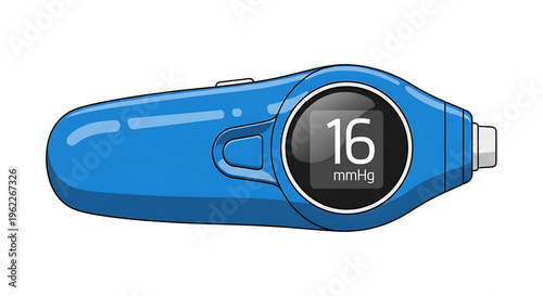 A blue blood pressure monitor with a digital display showing 16 mmHg on a white background