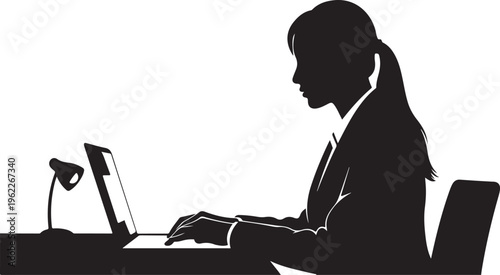 Businesswoman working on laptop, office silhouette, woman typing on computer, professional workspace