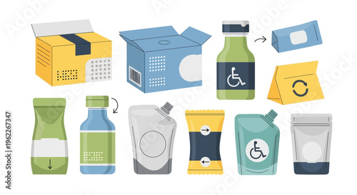 Diverse Product Packaging Types Vector Illustration Set. Retail, Shipping & Consumer Goods Containers: Boxes, Bottles, Pouches, Sachets, Bags