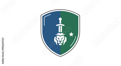 A symbolic emblem featuring a lion, sword, and shield on a contrasting background