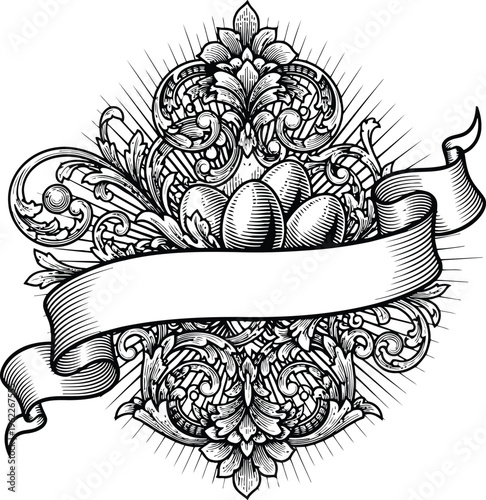 Ornate Heraldic Emblem with Eggs and Ribbon Intricate Engraving Style Detailed Scrollwork