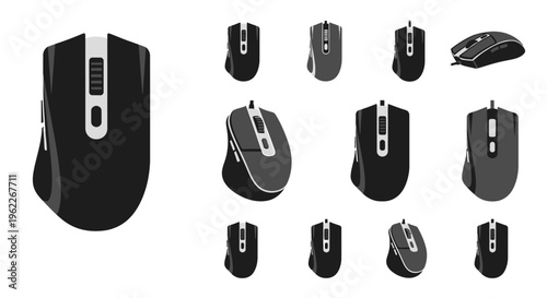 Illustration of various computer mouse designs in monochrome on a white background design